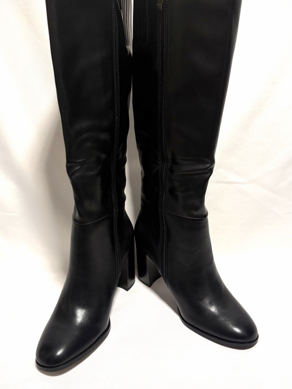 Black Leather Knee-High Block Heel Boots - Women